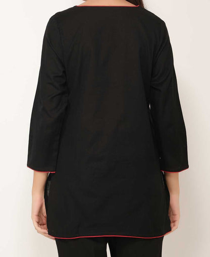 Black And Red Woven Cotton Tunic Top